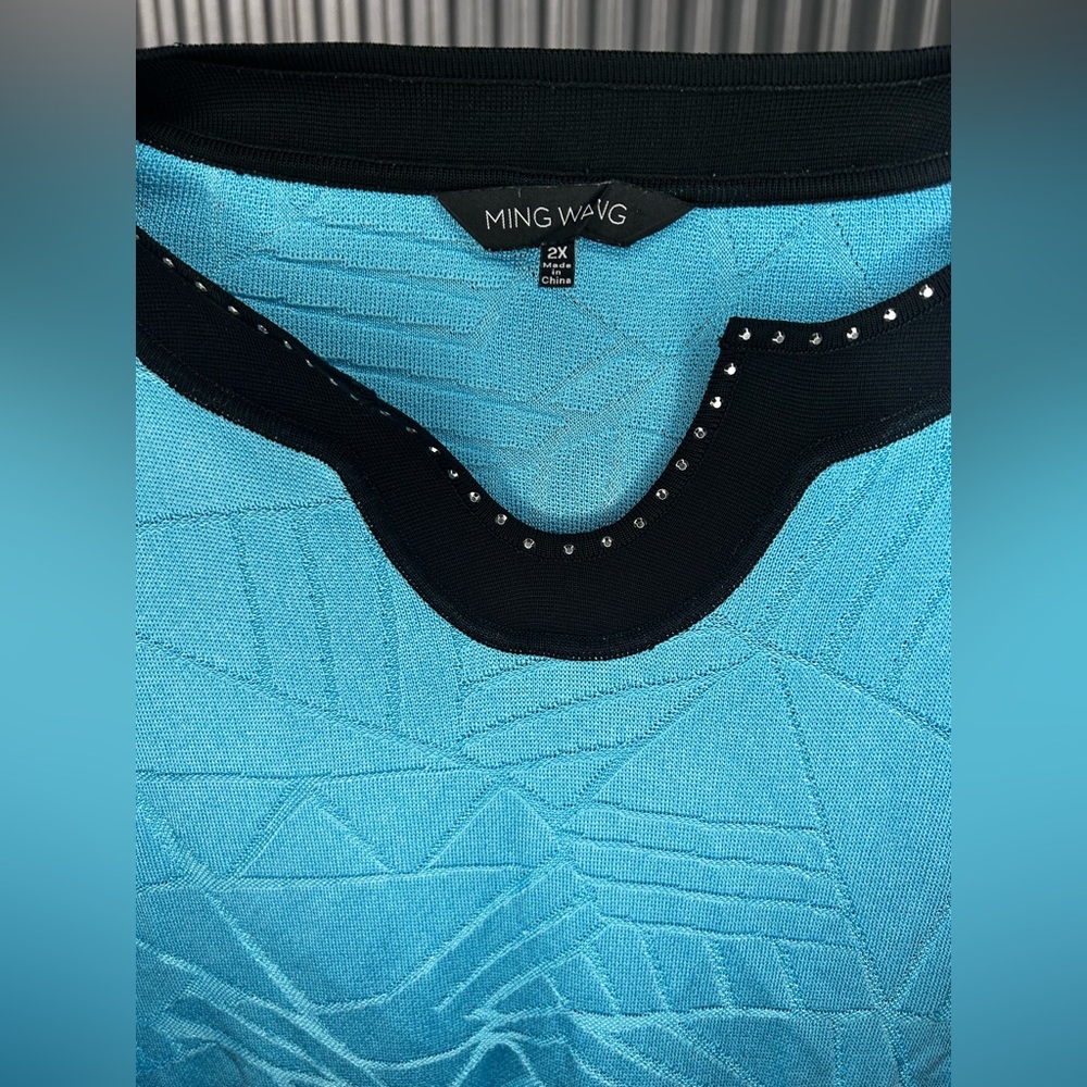 Women’s Ming Wang Blue Black Geometric 3/4 Sleeve Blouse Acrylic Rayon 2XL - Picture 3 of 4
